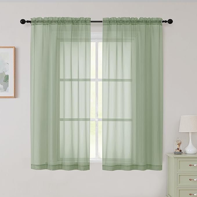 Sheer Sage Green Curtains for Bedroom Living Room 54 Inch Length 2 Panels Set by WelvetBLK