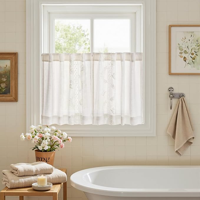 jinchan Belrose Linen Floral Kitchen Curtains 36 inch Length Embroidered - Image 9