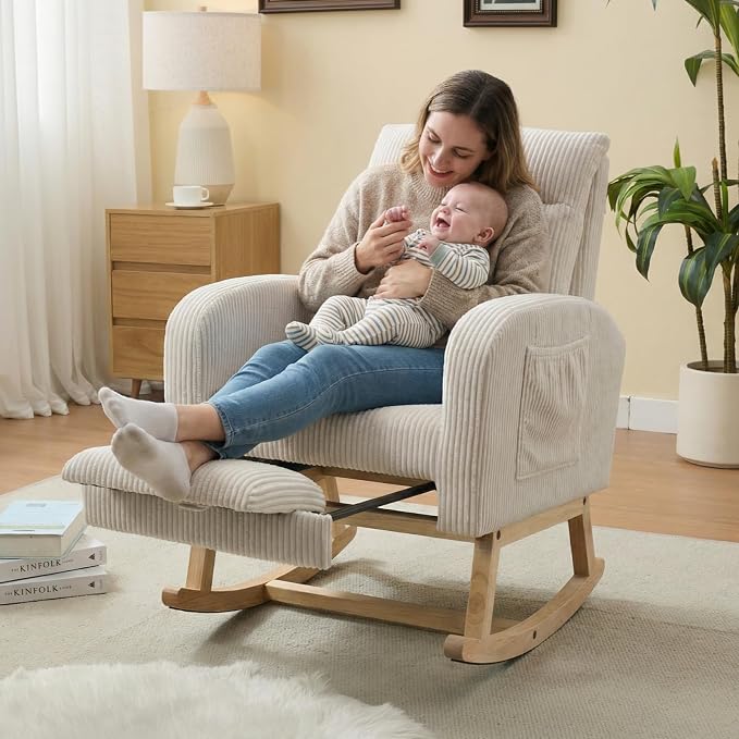NIOIIKIT Nursery Rocking Chair, Corduroy Upholstered Rocking Chair - Image 3