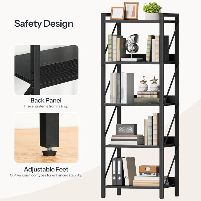 HOOBRO Bookshelf, 5-Tier Industrial Bookcase, Book Shelf Storage Organizer - Image 6