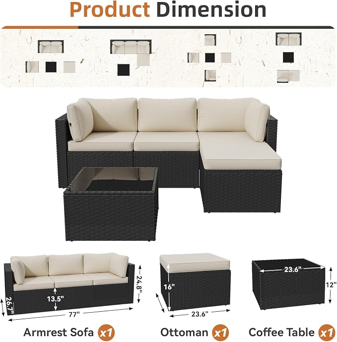 Aoxun Patio Furniture Set 5-Piece, Outdoor Sectional Sofas - Image 2