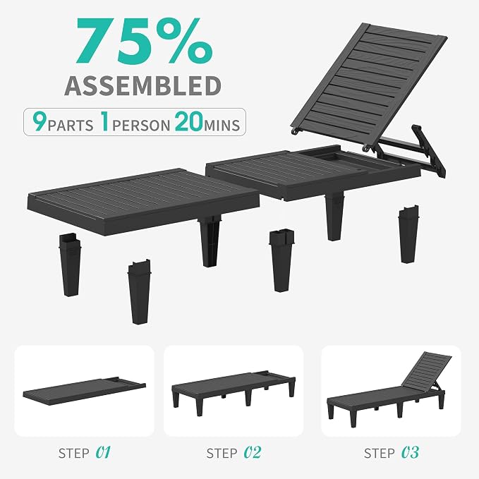 Outdoor Lounge Chair Set of 6, 5-Positions Adjustable Patio Chaise Lounges - Image 5