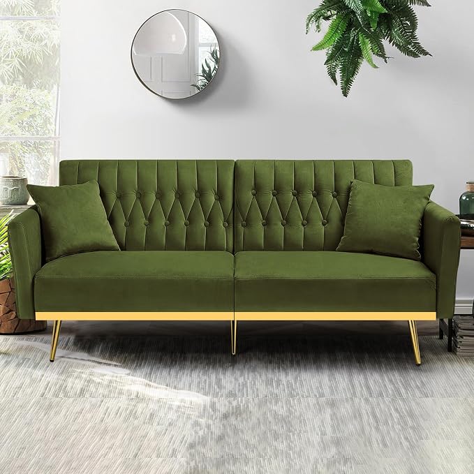 70” Velvet Futon Sofa Bed w/Adjustable Armrests & 2 Pillows, Convertible Futon - Image 6