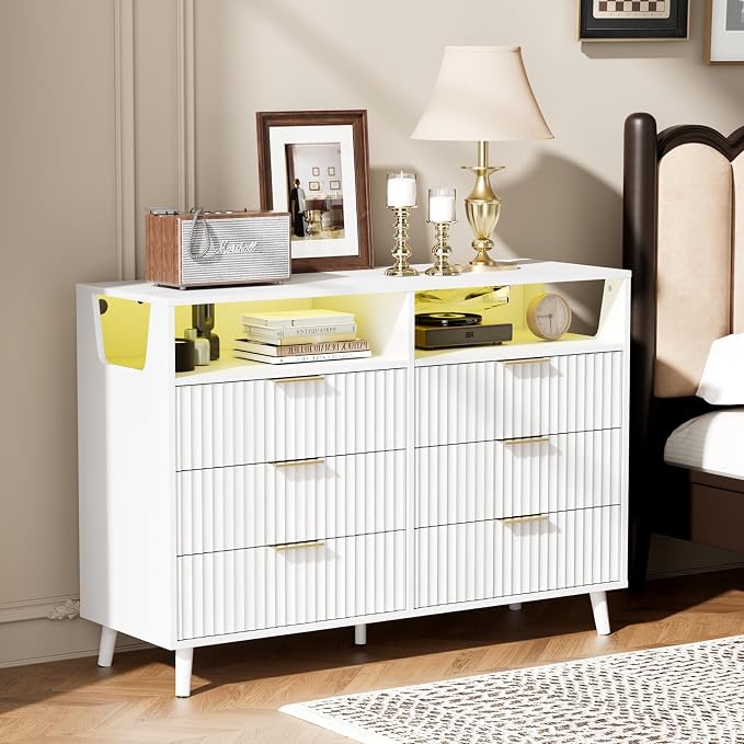 VINGLI Fluted White Dresser, Led Dresser 6 Drawer - Image 8