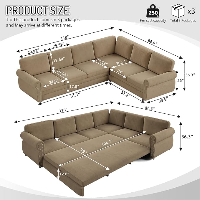 118" L-Shaped Sleeper Couch Bed - Image 2