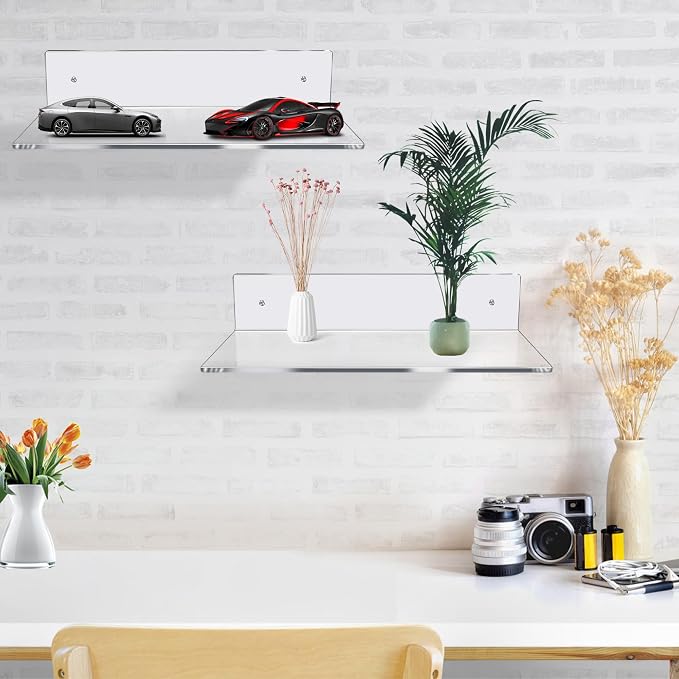 Jansburg 12 Inch L-Shaped Acrylic Floating Shelf Clear Wall Mounted Shelves - Image 6