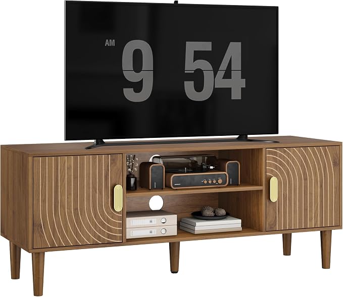Smuxee Walnut TV Stand with Line Groove Design, 47.2" Mid Century Modern TV - Image 9