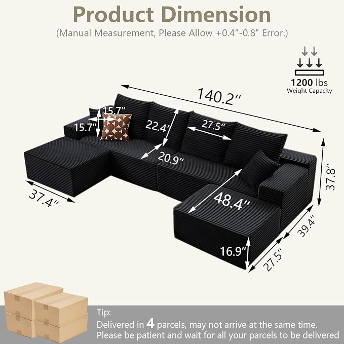 140" Sectional Cloud Couch for Living Room, Modular Floor Deep-Seat Sofa - Image 2