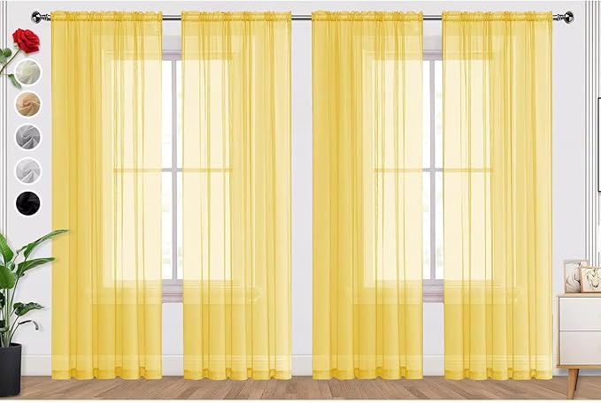 SpaceDresser Yellow Sheer Curtains 4 Panels Rod Pocket Semi-Sheer Curtain 90 by SpaceDresser