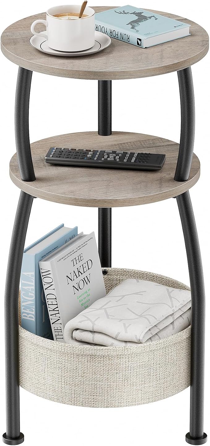 Round Side Table with Storage Basket –Small Space Saving End Table 3-Tier by designyourhome