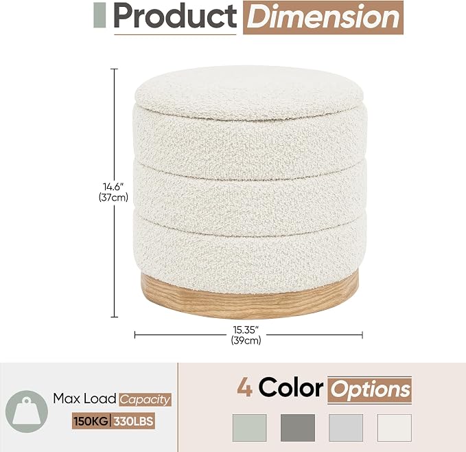 Round Storage Ottoman with Reversible Tray Lid, Folding Chenille Fabric - Image 3