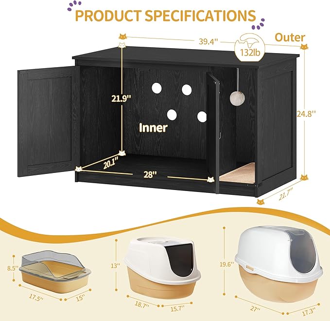 Hzuaneri Cat Litter Box Enclosure, Hidden Litter Box Cabinet Furniture - Image 4