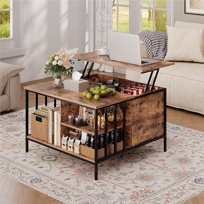 Coffee Table with Storage, Lift Top Coffee Table with Display Shelf and Hidden by BIZOEIRON