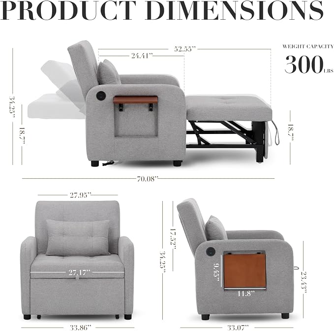 Convertible Sleeper Chair-Fabric Futon Sofa Bed, Single Sleeper Sofa, Small - Image 2