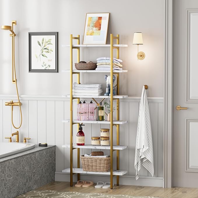 6 Tiers Bookshelf Organizer White Faux Marble Shelf, Modern Open Display - Image 6