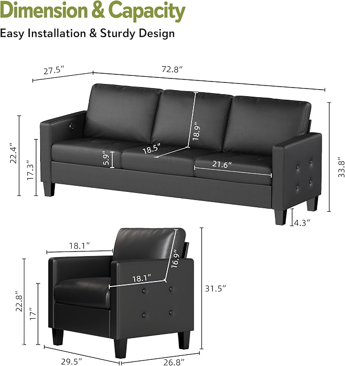 STHOUYN Black Faux Leather 3 Seater Sofa and Accent Chair, Modern Comfy Office - Image 2
