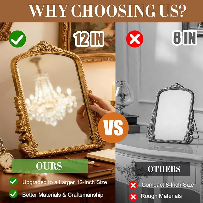 YUSONG Vintage Desk Mirror – 12" Gold Antique Tabletop Mirror - Image 6