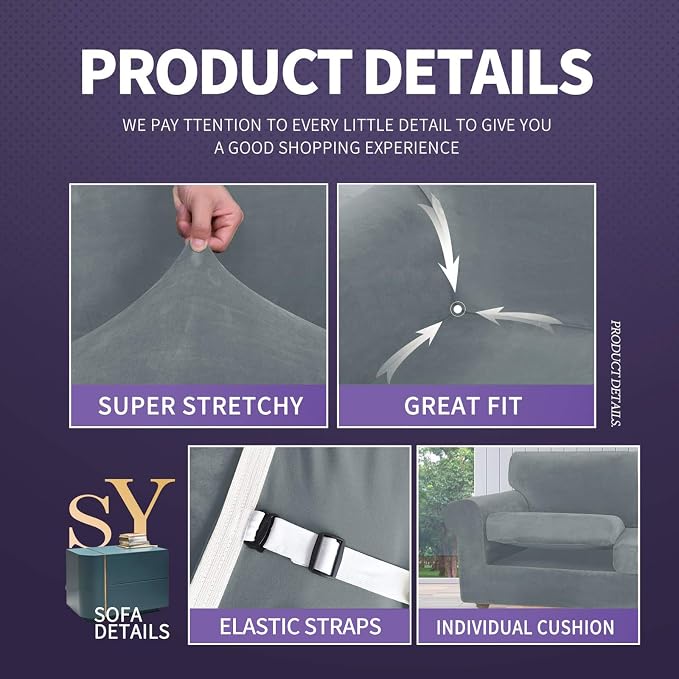 ZNSAYOTX Oversized Velvet Couch Cover 4 Piece Stretch Sofa Covers - Image 4