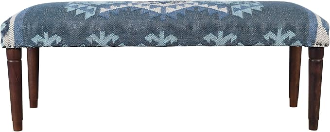 LR Home Blue/Ivory Handmade Upholstered Bench - Image 3