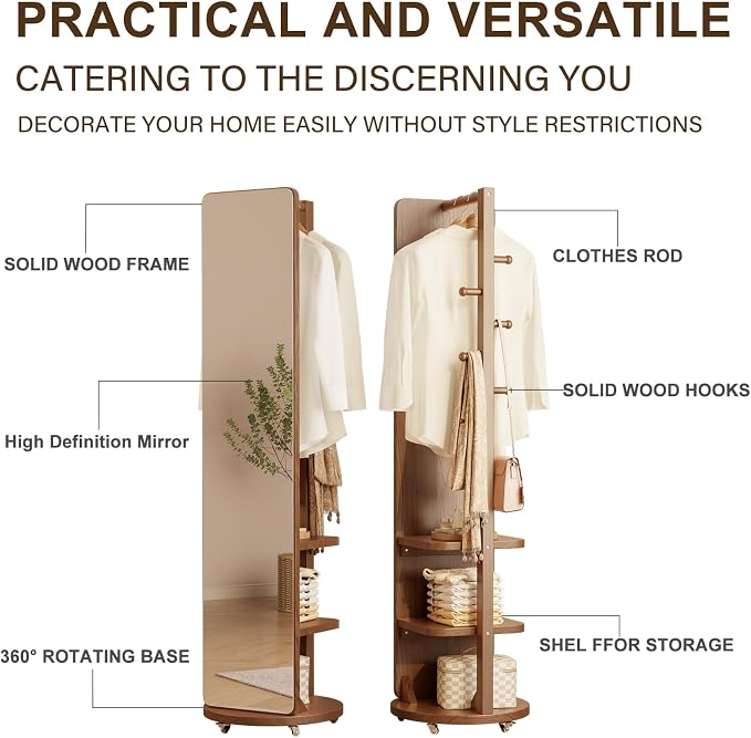 WoodsWhisper Full Length Mirror Coat Rack Solid Wood Floor Mirror 66"x12" Full - Image 5