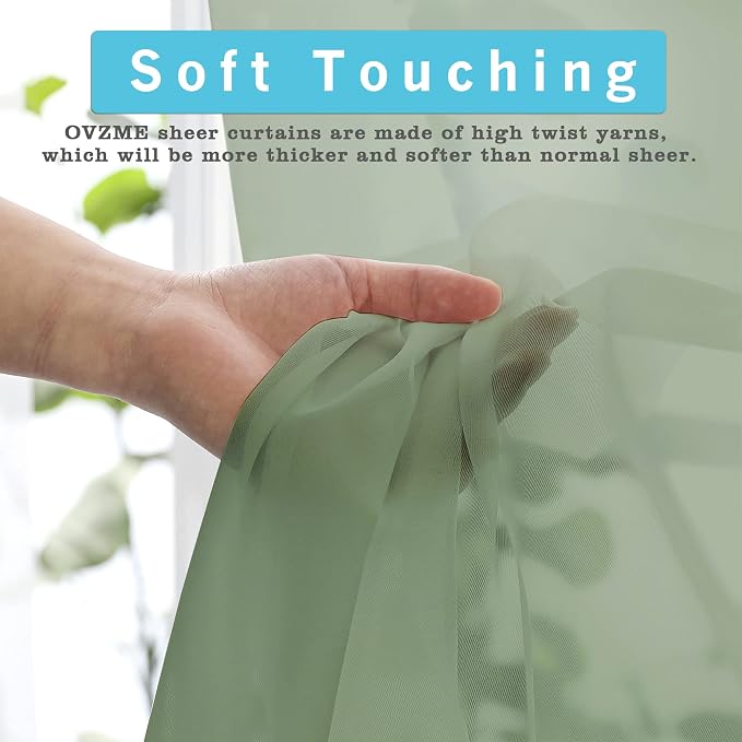 OVZME Sage Green Sheer Curtains 36 inches Long, Short Kitchen Window Treatment - Image 2