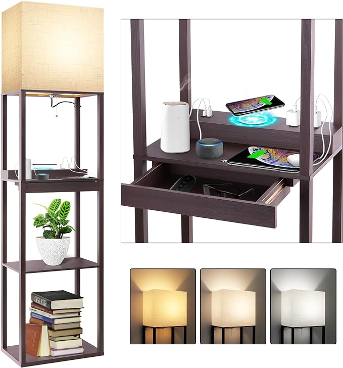 RUNTOP Floor Lamp with Shelves, Modern Standing Lamp with Wireless Charger by RUNTOP