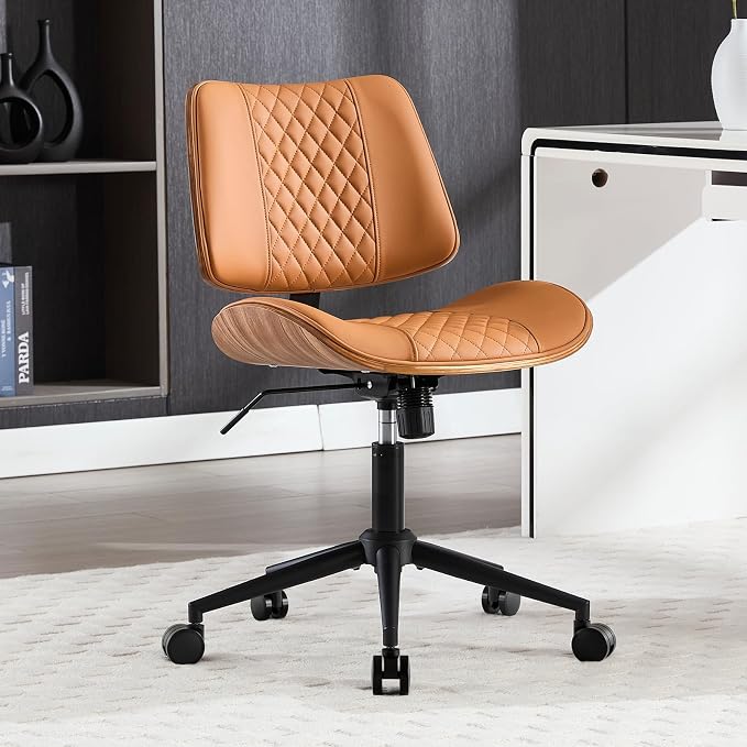 Home Office Chair No Arms with Wheels, Adjustable Height PU Leather Mid Back by BERYTH