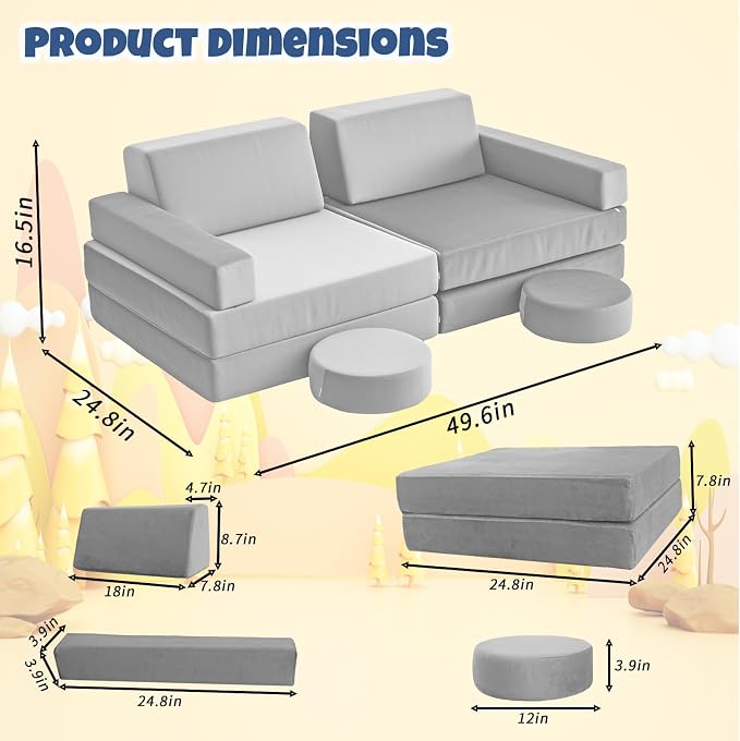12 Pcs Modular Kids Play Sofa Convertible Foam Floor Mat and Play Fortress - Image 2