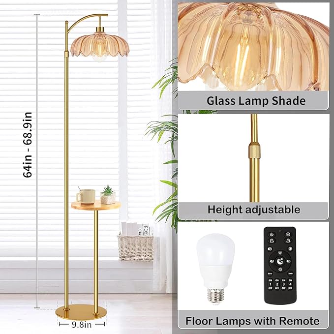 QIYIZM Gold Floor Lamp with Table and Shelves - Image 4