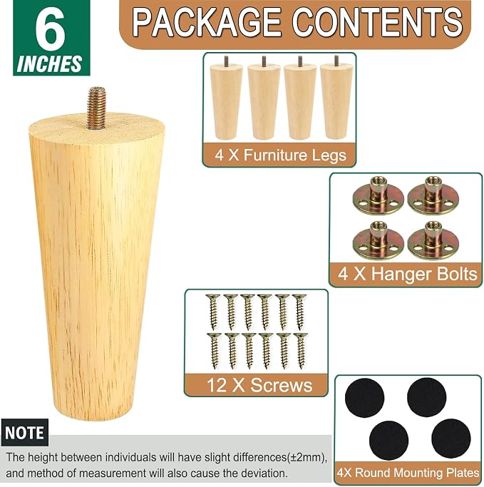Yaliuliu 6 Inches Round Solid Wood Furniture Legs Set of 4, Natural Wooden - Image 2