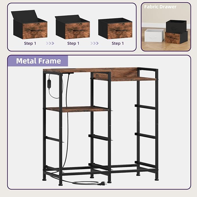 Somdot Nightstand with Charging Station and LED Light, Wide 5 Drawers Dresser - Image 7