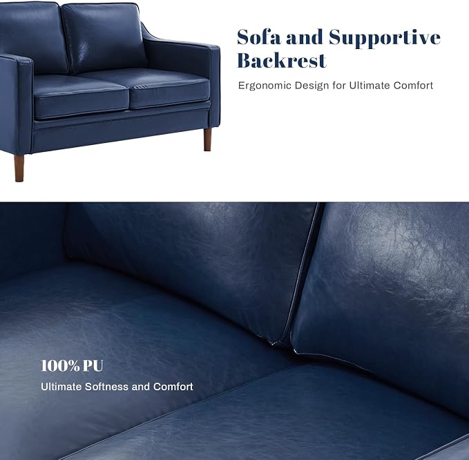 Kingfun 56" Faux Leather Sofa, Loveseat Couch, Mid Century Modern Love Seat - Image 6