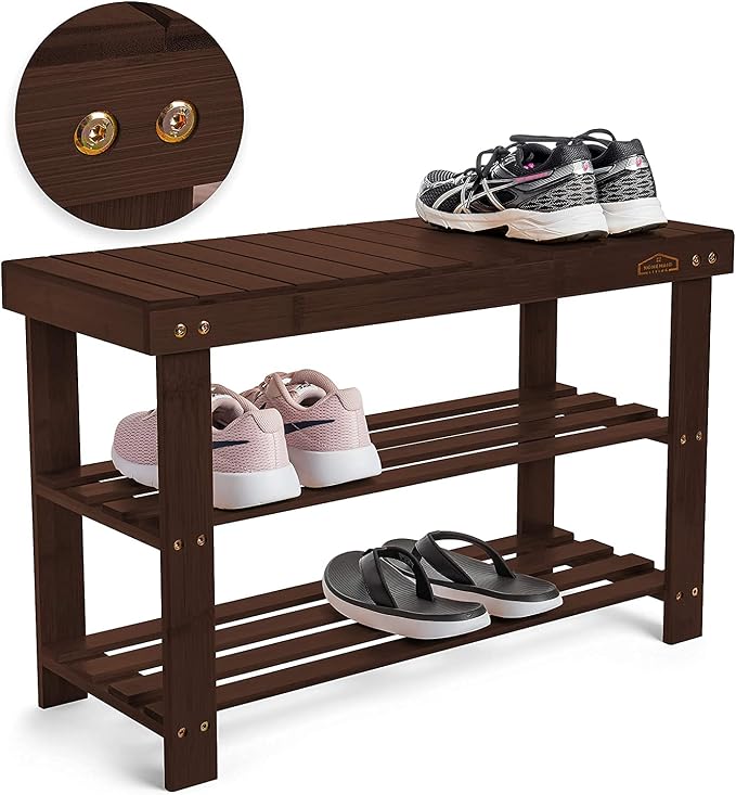 Homemaid Living Bamboo 3 Tier Shoe Rack Bench, Premium Shoe Organizer or - Image 4