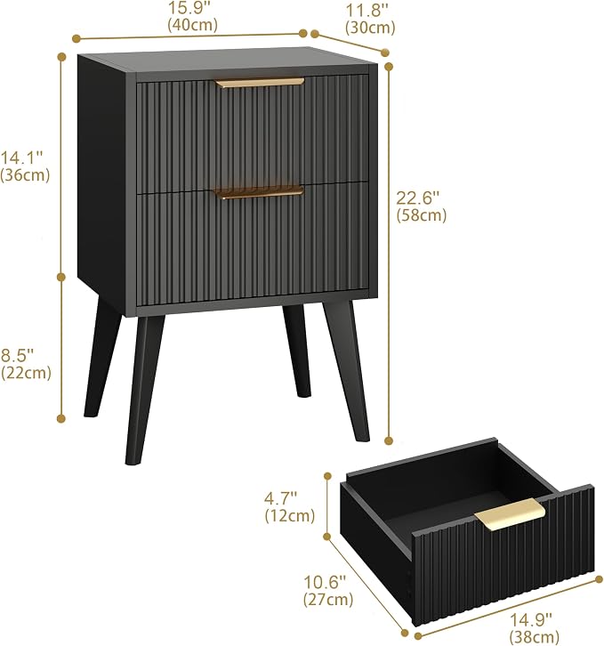 YAUKOMEL Small Black Night Stand, Mid Century Modern Bedside Table, Nightstand - Image 3
