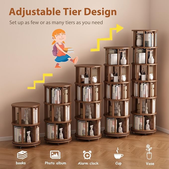 Muwuele 6 Tier Rotating Bookshelf Tower, Solid Wood Bookshelf on Wheels - Image 7
