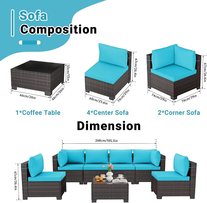 CHABATREE 7pcs Outdoor Patio Furniture Sets, Rattan Conversation Sectional Set - Image 2