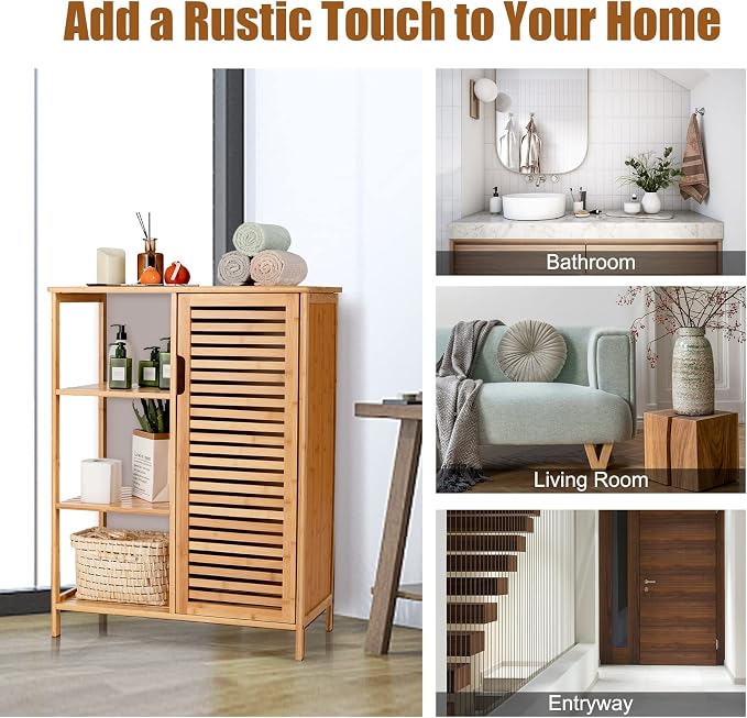 Tangkula Bamboo Bathroom Floor Cabinet, Storage Cabinet - Image 9