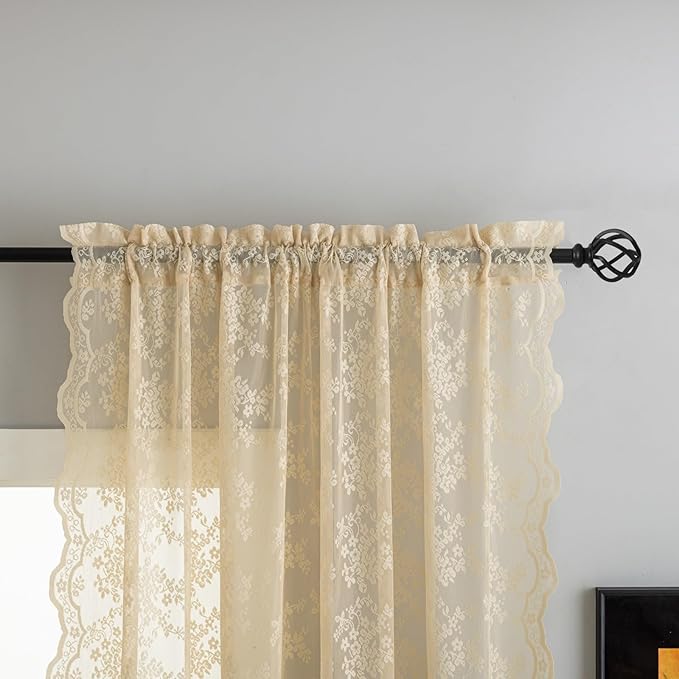 YJ YANJUN Vintage Lace Curtains 96 Inches Long-Victorian Floral Beige Sheer - Image 3