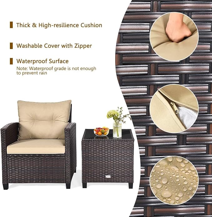 HAPPYGRILL 3 Pieces Patio Conversation Set, Outdoor Furniture Set PE Rattan - Image 4