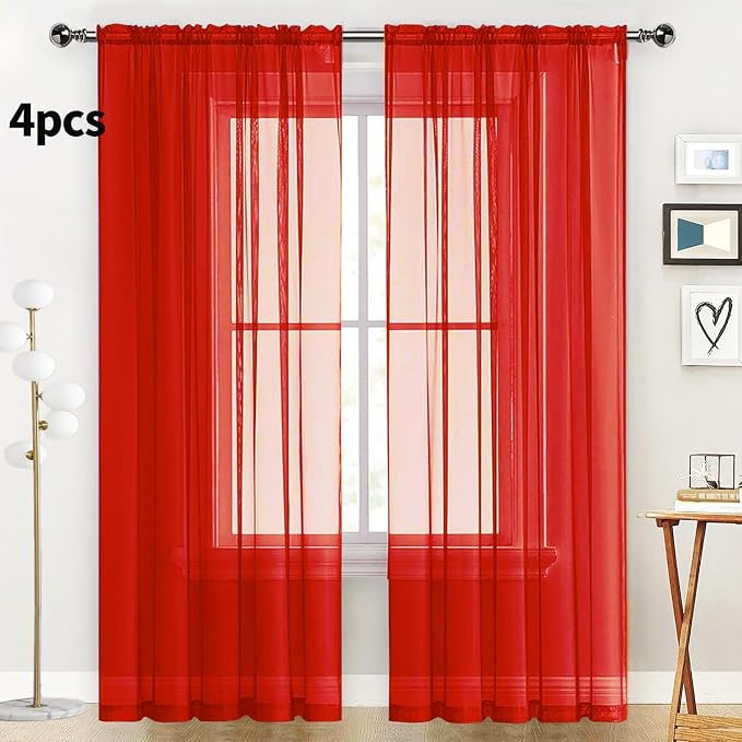SpaceDresser Sheer Red Curtains 4 Panels Rod Pocket Semi-Sheer Curtain 96 - Image 2