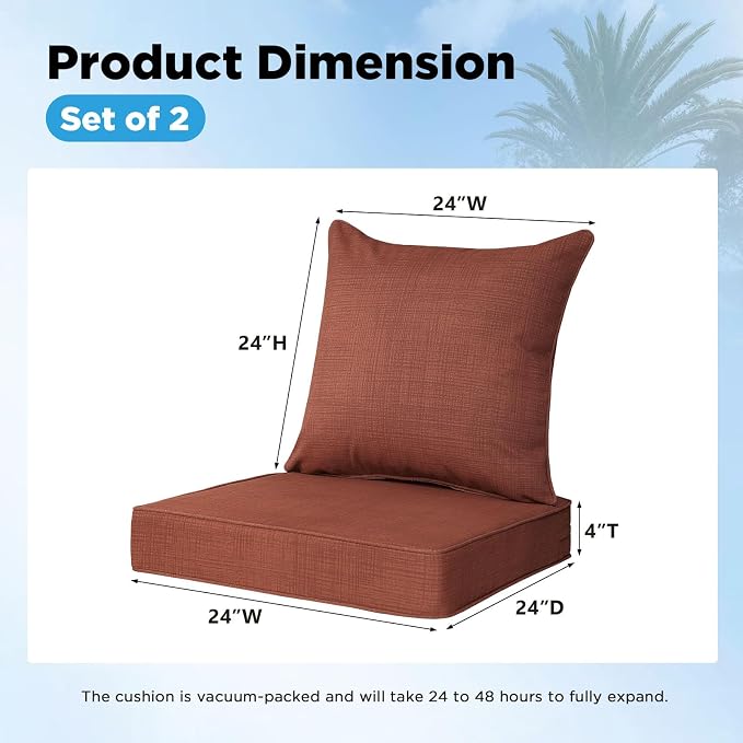 Outdoor Deep Seat & Back Cushion Set, 24 x 24 Inch Water Repellent and Fade - Image 2
