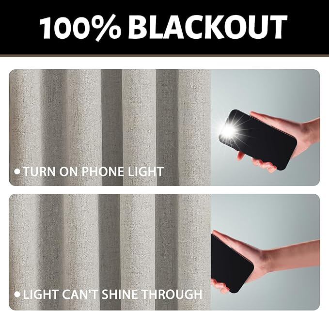 Yakamok Oatmeal Linen Curtains 100% Blackout 90 Inches Long, Room Darkening - Image 2