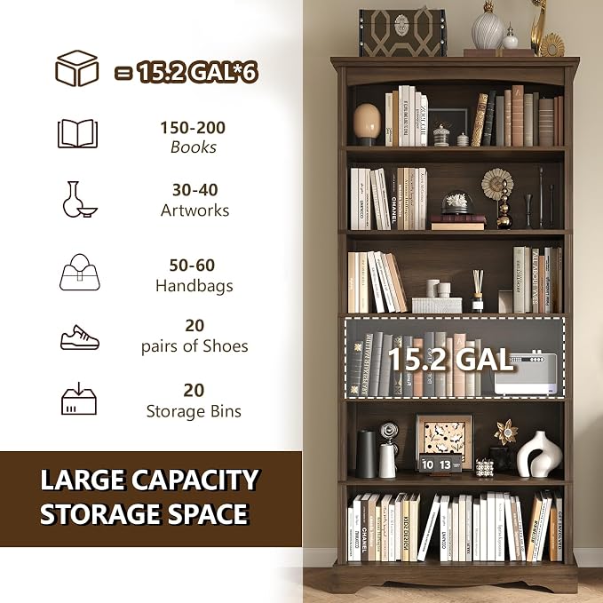 TVU 6-Tier Wooden Bookshelf, 76 Inch Tall Bookshelf - Image 5