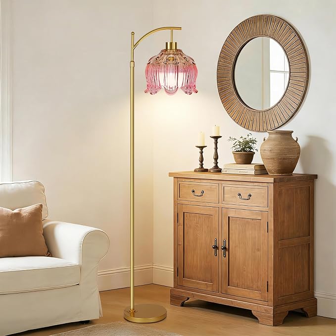 QIYIZM Pink Floor Lamp for Living Room, Glass Gold Dimmable Standing Lamp - Image 3