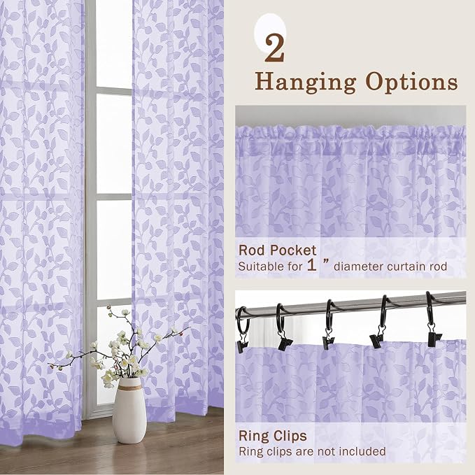 Chyhomenyc Light Purple Sheer Curtains 24 Inch Length, Light Filtering Leaf - Image 6