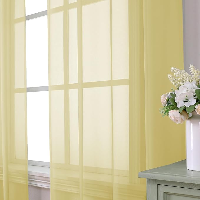 Aiyufeng Yellow Sheer Curtains 63 Inches Long 2 Panels Set, Semi Transparent - Image 2
