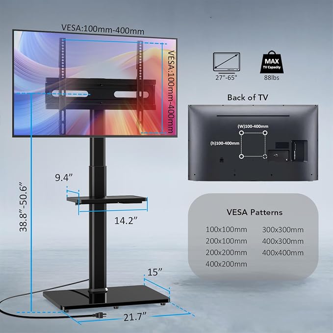 AX WABER Floor TV Stand with Power Outlet& Shelf, Universal TV Stand Mount - Image 8