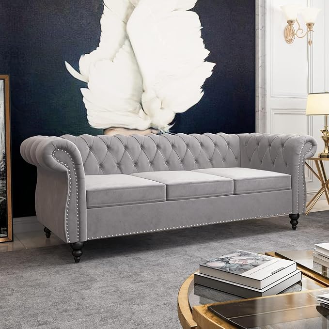 Chesterfield 3 Seater Sofa, Modern Velvet Tufted Couch 3 Seater - Image 4