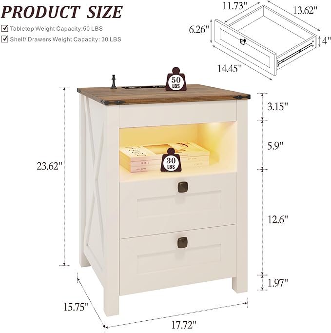 HWB LED Nightstand with Gun Drawer: Bedside Table with Charging Station - Image 2