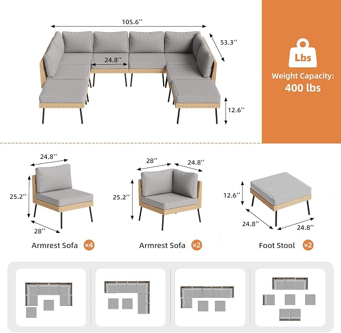 Aoxun 8-Piece Patio Furniture Set, Wicker Outdoor Furniture - Image 8
